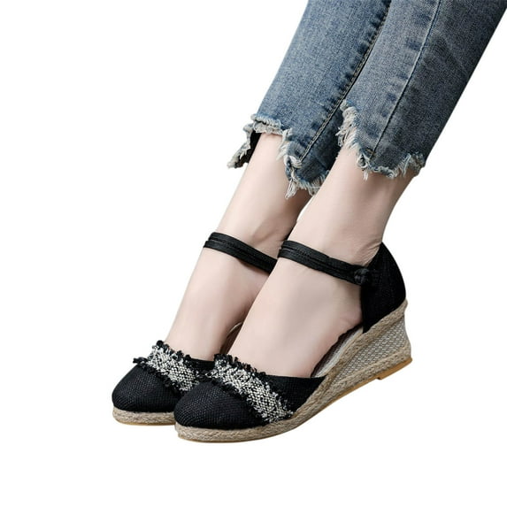 Bovxnpu Summer Sandals for Women 2024,Women's Open Toe Wedge Sandals,Knitted Round Toe Lace Decoration Wedge Sandals Women's High Heel Summer Casual Slippers
