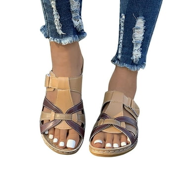 Bovxnpu Summer Sandals for Women 2024,Women's Open Toe Wedge Sandals,Large-sized Slope Heel Thick Soled Hollow Out Slippers Casual Stitching Color Blocking Retro Roman Fish Mouth Slippers