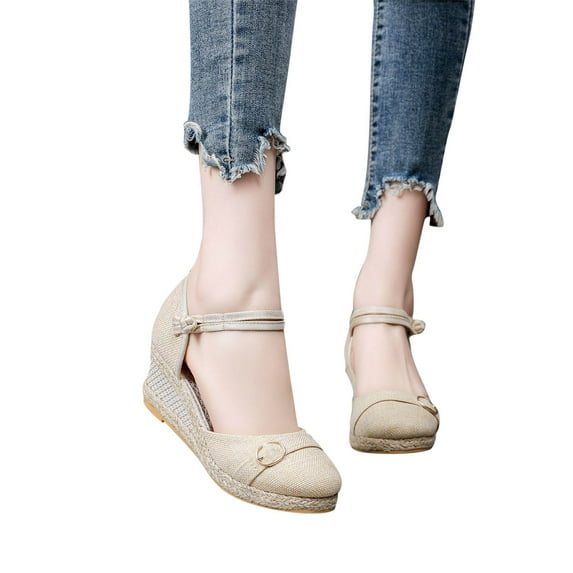 Bovxnpu Summer Sandals for Women 2024,Women's Closed Toe Wedge Sandals,Knitted Round Toe Wedge Sandals Women's High Heel Summer Casual Slippers