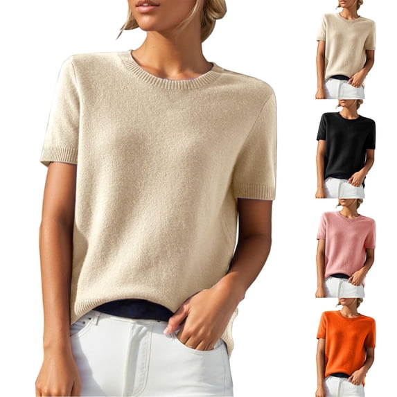 Bovxnpu Summer Short Sleeve T Shirts Pullover Top Undershirt Basic Knitted Cotton Crew Neck Summer Tops (Women's or Women's Plus)
