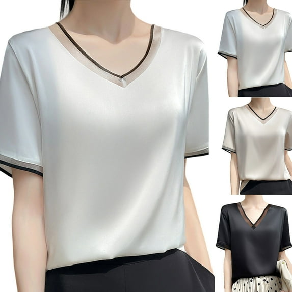 Bovxnpu Summer Short Sleeve T Shirts Pullover Top Undershirt Long Sleeved Satin Lapel Shirt Solid Color Fashion Shirt Summer Tops (Women's or Women's Plus)