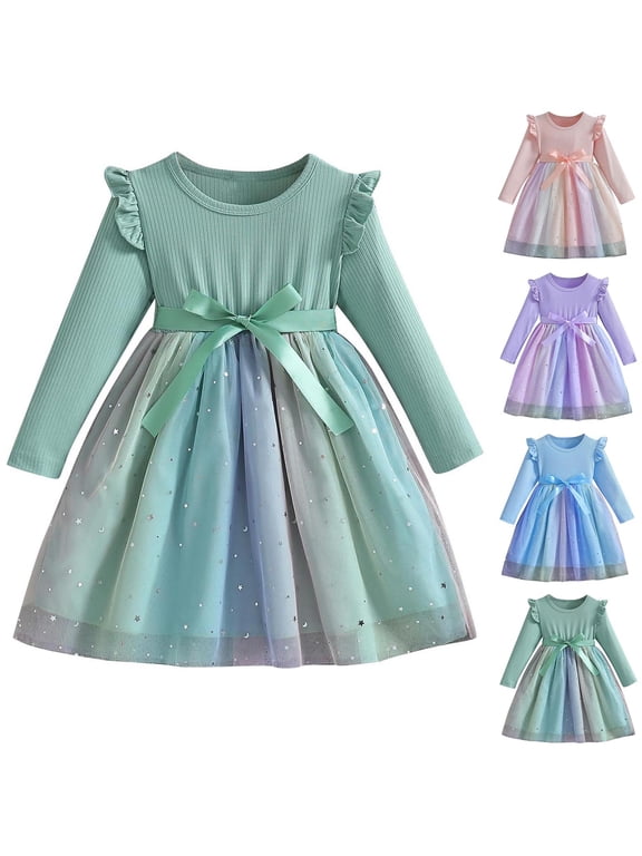 Summer Toddler Girls Dresses, Kids Casual Dresses, Fashionable Girls' Long Sleeved Round Neck Dress With Mesh Splicing And Bow Tie Dress 3 Years