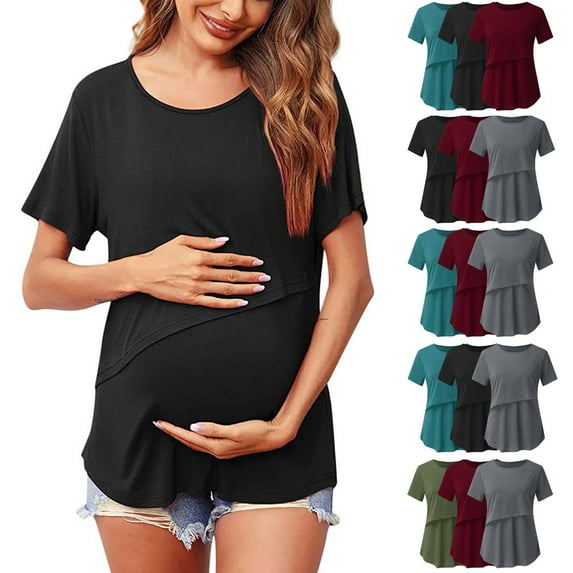 Bovxnpu Summer Women's Round Neck Maternity Tops,Women Short Sleeve Pregnancy T Shirts,Pregnant Womens Nursing Solid Color Round Neck Short Sleeve Round Neck Breastfeeding Blouse