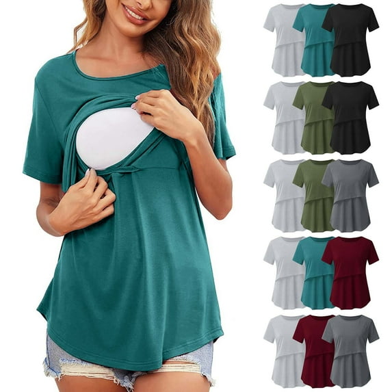 Bovxnpu Summer Women's Round Neck Maternity Tops,Women Short Sleeve Pregnancy T Shirts,Pregnant Womens Nursing Solid Color Round Neck Short Sleeve Round Neck Breastfeeding Blouse