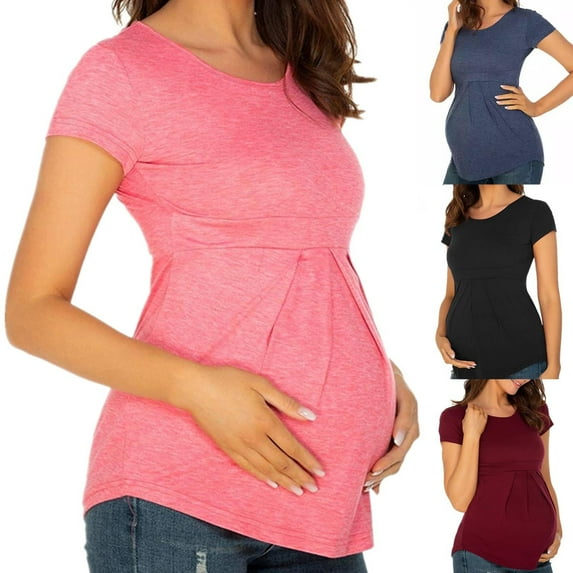 Bovxnpu Summer Women's Round Neck Maternity Tops,Women Short Sleeve Pregnancy T Shirts,Summer Women Clothes Round Neck Short Sleeve Ruffle Fold Pregnant Tops