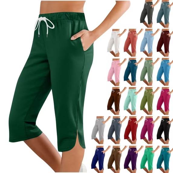 Bovxnpu Summer Womens Plus Size Pants, Casual Capris Pants for Women, Women Solid Color Elastic Waist Sports Casual Capris Pants With Side Pockets L