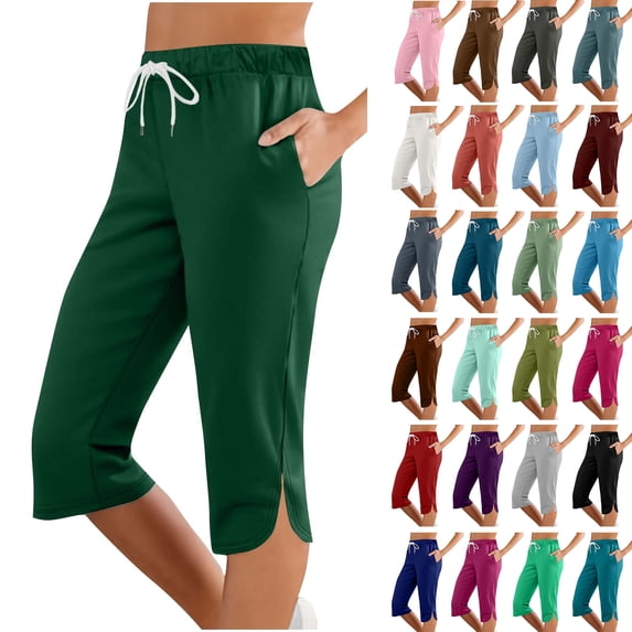Bovxnpu Summer Womens Plus Size Pants, Casual Capris Pants for Women, Women Solid Color Elastic Waist Sports Casual Capris Pants With Side Pockets XL