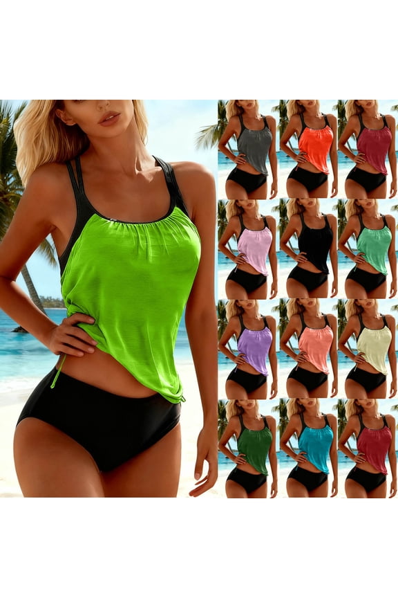 Tankinis Swimsuits for Women Bathing Suits Top with Bottom, Swimwear Women's With Chest Cushion And No Steel Support Loose Drawstring Split Swimsuit Ladies Summer Swimwear Beach Vacation