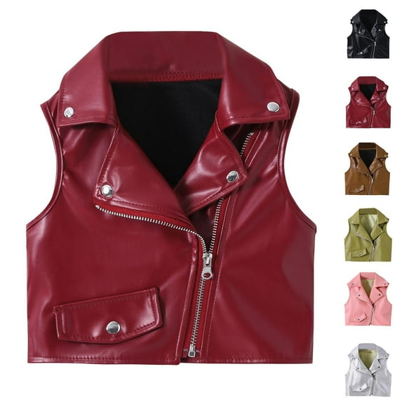 Bovxnpu Toddler Boys Girls Fall Winter Jacket, Girls Faux leather Vest Jacket Kids Motorcycle Vests Zipper Waistcoat, Children's Solid Color Leather Winter Long Sleeved Men's Outerwear
