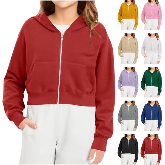 Bovxnpu Toddler Boys Girls Fall Winter Jacket, Girls' Fleece Full-Zip Hoodie Sweatshirt, Mid Size Children's Zipper Solid Color Short Style Hooded Long Sleeved Sweatshirt With Pockets