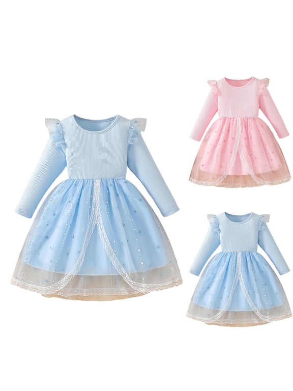 Toddler Girls Tutu Dresses Long Sleeve Ruffle Fall Winter Tulle Dress Girls Ruffle Sleeve Round Neck Princess Tulle Puff Bow Dress Girls Midi Dress Sundress