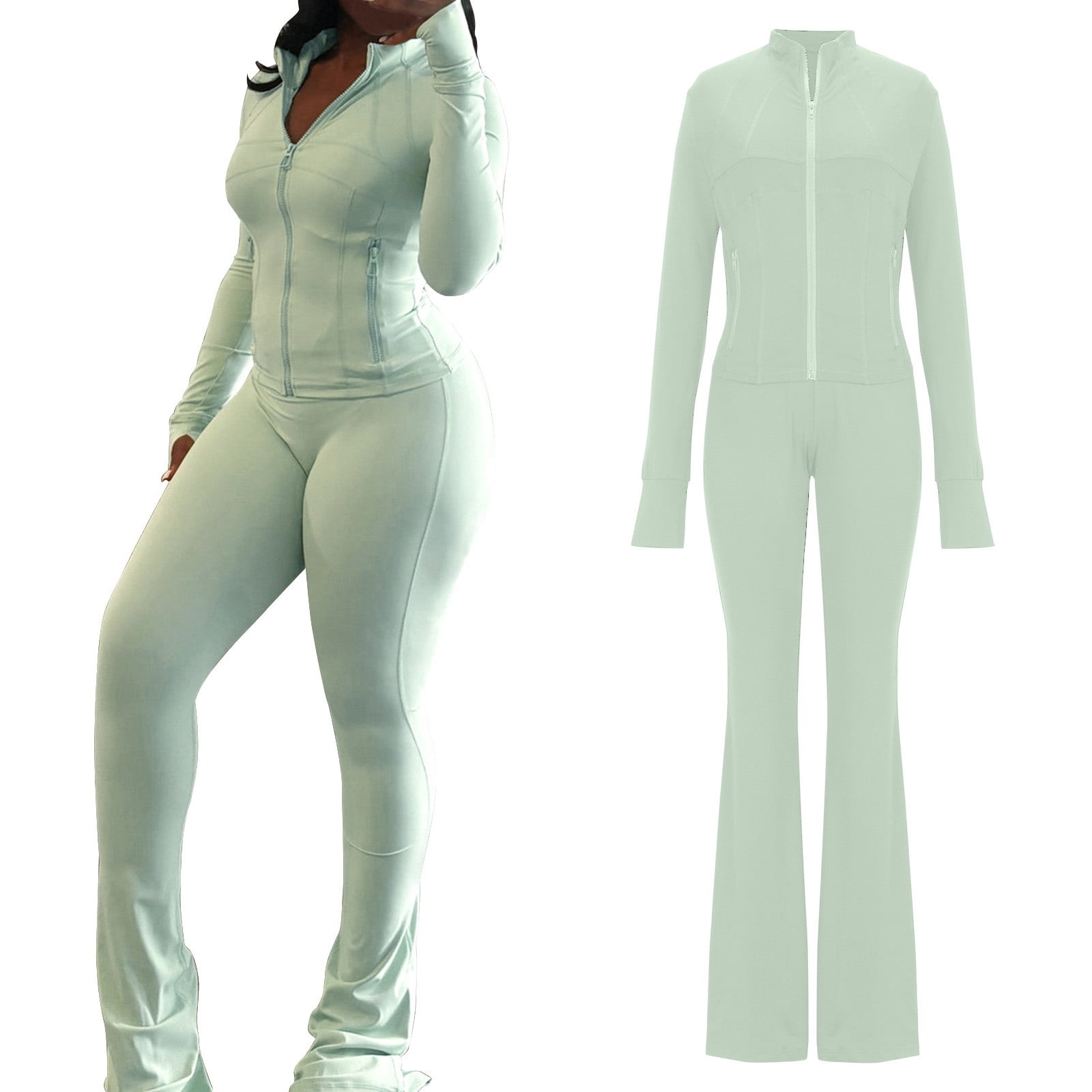 Two Piece Sets for Women Fall Outfits, Plus Size Lounge Sets for Women 2 Piece Foldover Yoga Flare Leggings Pants Zip Up Crop Tops Casual Outfits Matching Tracksuit Set