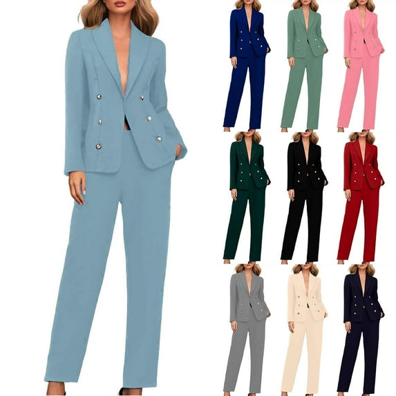 Bovxnpu Two Piece Sets for Women Fall Outfits, Women's Fall Two Piece Outfits Dressy Blazer Jacket and Straight Leg Pants Pockets Business Casual Office Suit Sets