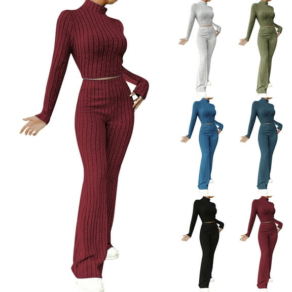 Bovxnpu Two Piece Sets for Women Fall Outfits, Women's Oversized Lounge Set Knit Pullover Crop Top Wide Leg Pants Sweater Set Lounge Matching Sets Sweatsuit Travel Clothes