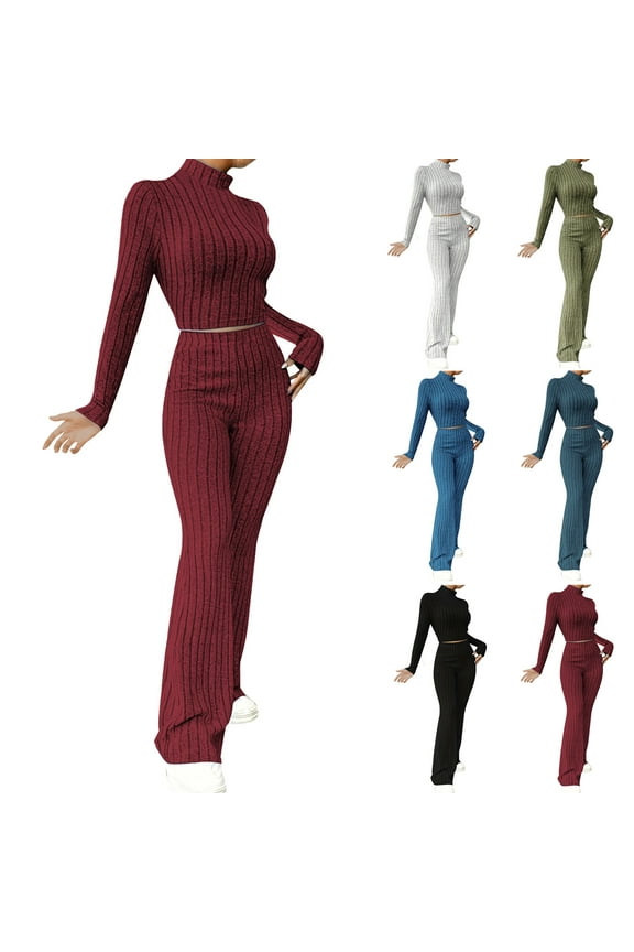 Two Piece Sets for Women Fall Outfits, Women's Oversized Lounge Set Knit Pullover Crop Top Wide Leg Pants Sweater Set Lounge Matching Sets Sweatsuit Travel Clothes