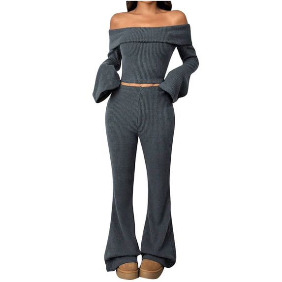 Bovxnpu Two Piece Sets for Women Fall Outfits, Women's Oversized Lounge Set Pullover Off-The-Shoulder Crop Top Flared Pants Lounge Matching Sets Sweatsuit Travel Clothes