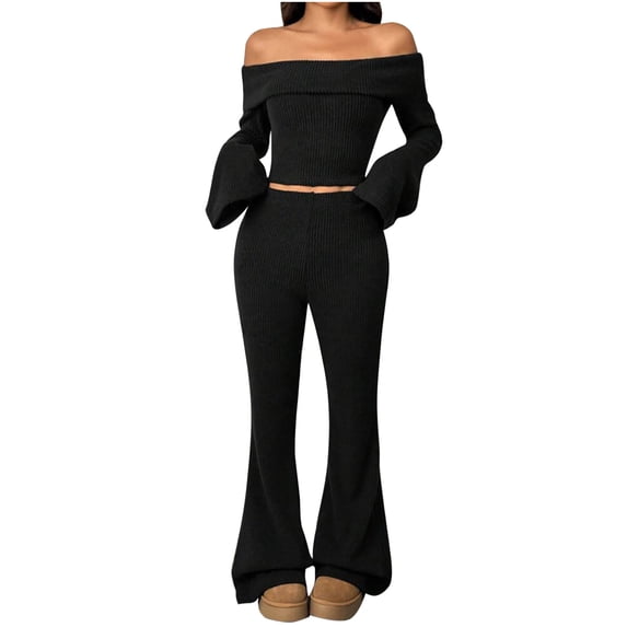 Bovxnpu Two Piece Sets for Women Fall Outfits, Women's Oversized Lounge Set Pullover Off-The-Shoulder Crop Top Flared Pants Lounge Matching Sets Sweatsuit Travel Clothes