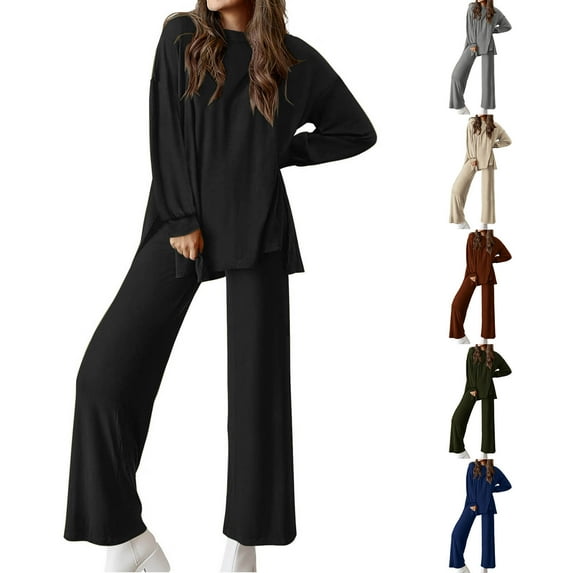 Bovxnpu Two Piece Sets for Women Fall Outfits, Women's Oversized Lounge Set Pullover Top Wide Leg Pants With Pocket Lounge Matching Sets Sweatsuit Fall Clothes