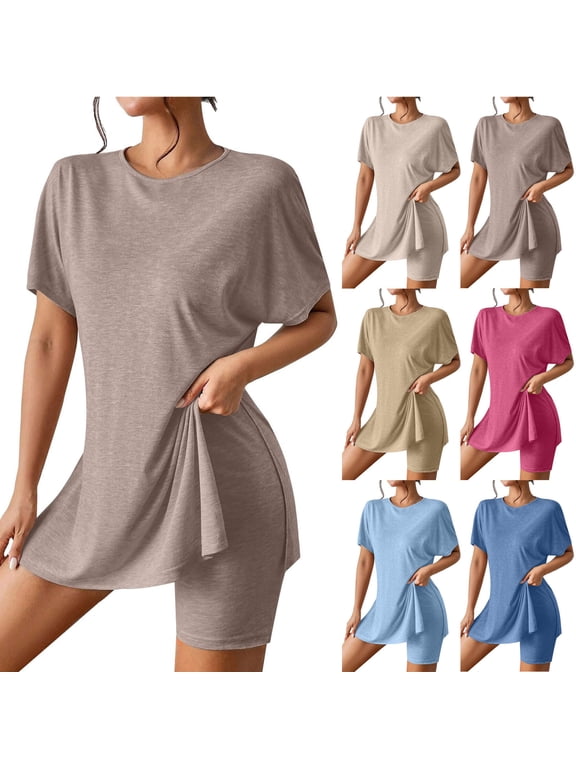 Two Piece Sets for Women Fall Outfits, Women's Two Piece Lounge Set Summer Casual Oversized Shirts Biker Shorts Matching Airport Travel Outfit