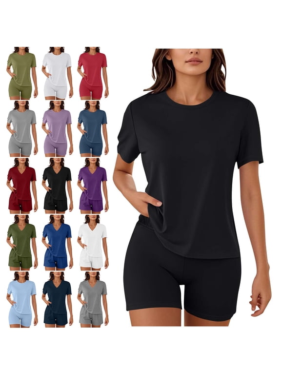 Two Piece Sets for Women Fall Outfits, Women's Two Piece Lounge Set Summer Casual Oversized Shirts Biker Shorts Matching Airport Travel Outfit