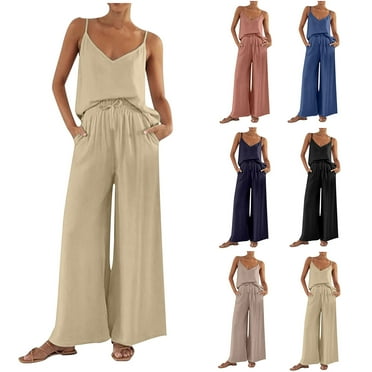 Bovxnpu Two Piece Sets for Women Summer,Lougewear Sets for Women,Women's 2 Piece Outfits Sleeveless Tops Drawstring Wide Leg Pants Matching Leisure Set With Pockets