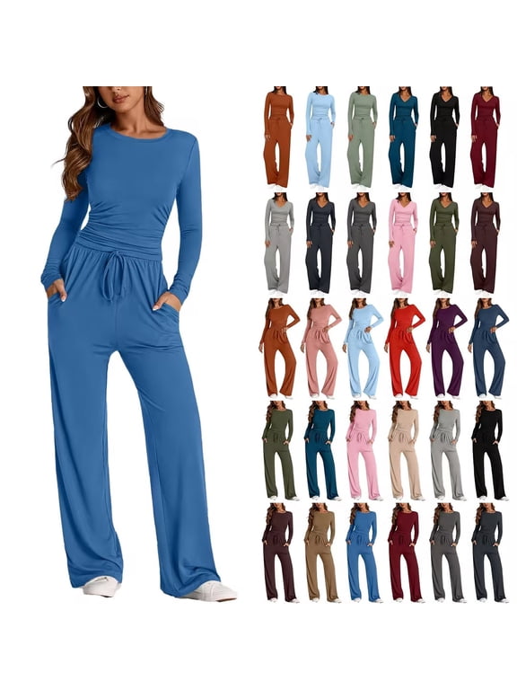 Two Piece Sets for Women Fall Outfits, 2 Piece Lounge Set Sweatsuit Womens Wide Leg Pants Side Ruching Crop Top Sets