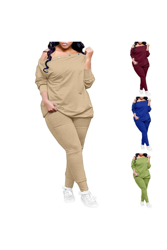 Two Piece Sets for Women Fall Outfits, Women's Sweatsuits Off The Shoulder Plus Size Top and Long Pants 2 Piece Fall Outfits