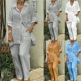 thumbnail image 1 of Bovxnpu Two Piece Sets for Women Summer,Lougewear Sets for Women,Women's Solid Turndown Collar Long Sleeve Pullover Shirt Tops + Pants Trousers Set, 1 of 5