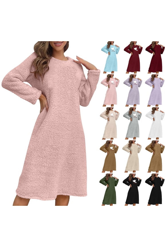 Winter Robes For Women Women Long Flannel Nightgown with Fleece Lining Winter Warm Pajamas Robes Women Long Sleeve Dress Pullover Nightgown Pajamas Sleepwear Spring Fall Outfits