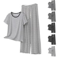 thumbnail image 1 of Bovxnpu Women 2 Piece Loungewear Set Beach Vacation Sweatsuit Tracksuit Set Fashion Short Sleeve V Neck Long Pants Striped Elastic Cotton Set Summer Outfits, 1 of 6