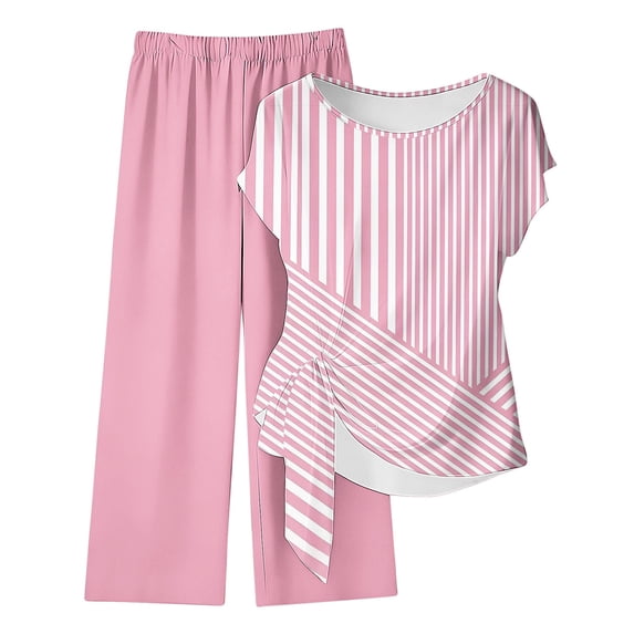 Bovxnpu Women 2 Piece Loungewear Set Beach Vacation Sweatsuit Tracksuit Set Women's 2Pcs OutPrint Pants & Short Sleeve Top Round Neck Tied Waist Loose Casual Summer Outfits
