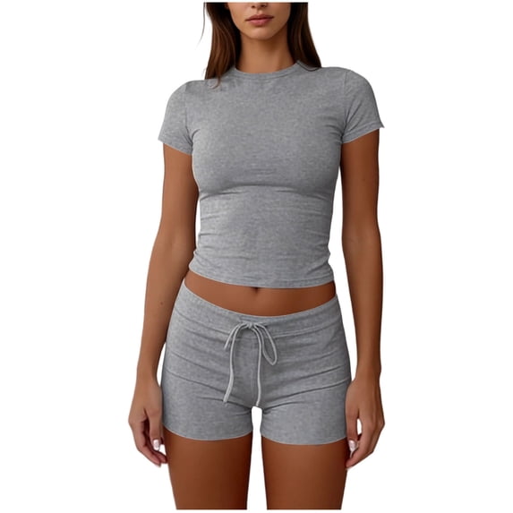 Bovxnpu Women 2 Piece Loungewear Set Beach Vacation Sweatsuit Tracksuit Set Women's Casual Short Sleeve Tee & Shorts Round Neck Drawstring Waist Comfortable Summer Outfits
