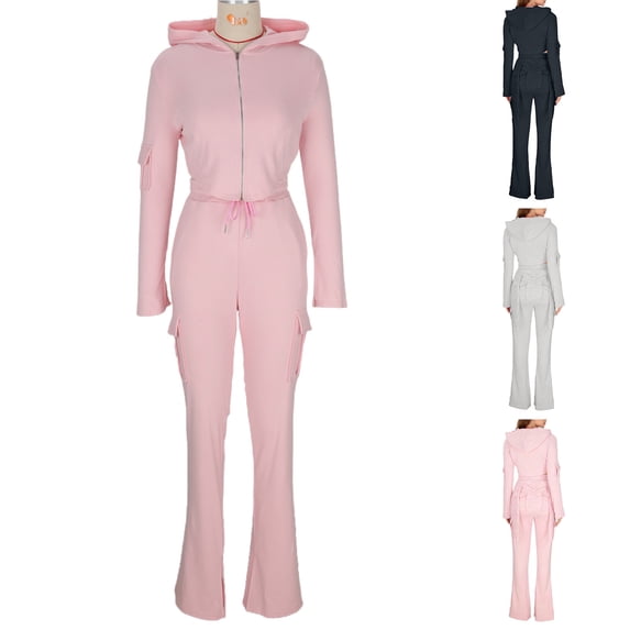 Bovxnpu Women 2 Piece Tracksuit Set Fall Winter Matching Outfits Set Loungewear Long Sleeve Hooded Set Drawstring Waist Pocket For Win Set