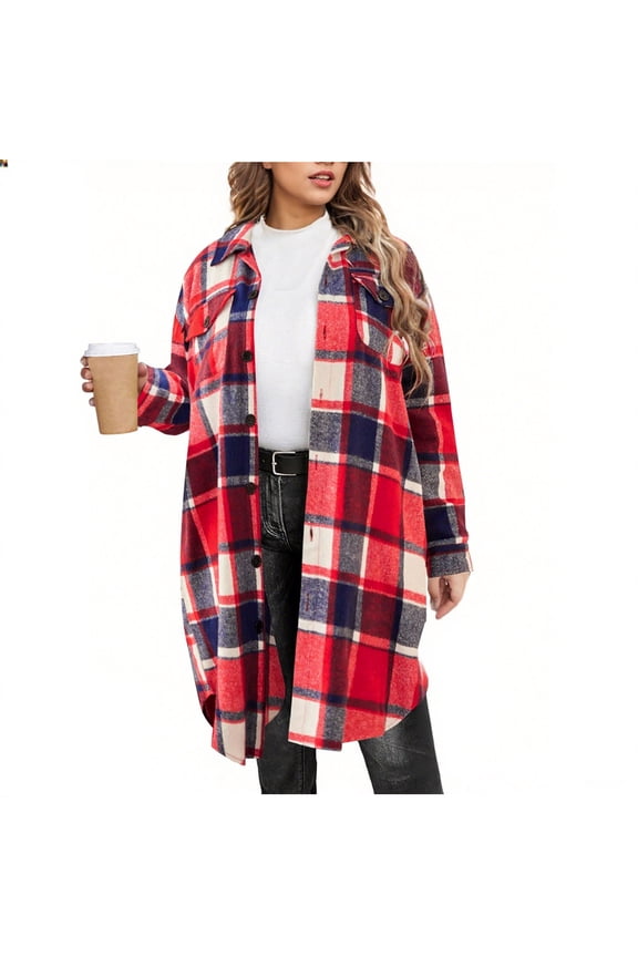 Women Flannel Shacket Jacket Plaid Button Down Long Sleeve Shirt Fall Outfits Classic Stylish Women's Outerwear Lapel Pocket Plaid Long Sleeve Jacket Top