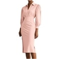 thumbnail image 1 of Bovxnpu Women Long Sleeve Dresses Plus Size Dresses, Long Sleeve Dress for Women Dressy Work Dress Waist Cinching Pleated Turn Down Collar Knee Length Fall Dresse Spring Fall Outfits, 1 of 6