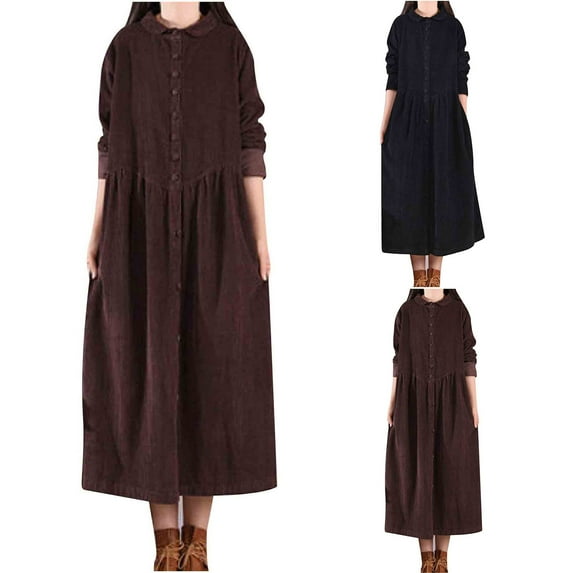 Bovxnpu Women Long Sleeve Dresses Plus Size Dresses, Long Sleeve Dress for Women Vintage Corduroy Loose Long Buttoned Collared Fall Dresses for Layering Spring Fall Outfits