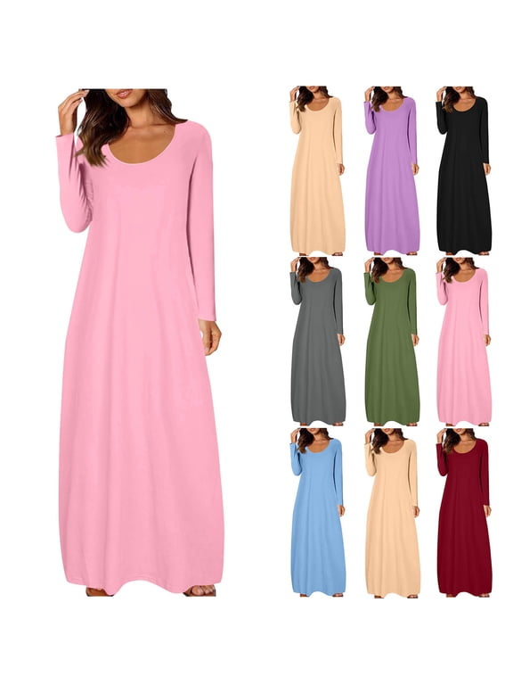 Women Long Sleeve Dresses Plus Size Dresses, Long Sleeve Dress for Women Round Neck Maxi Fall Dresses Spring Fall Outfits