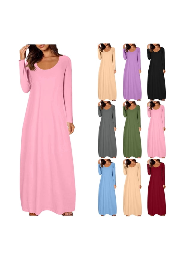 Women Long Sleeve Dresses Plus Size Dresses, Long Sleeve Dress for Women Round Neck Maxi Fall Dresses Spring Fall Outfits