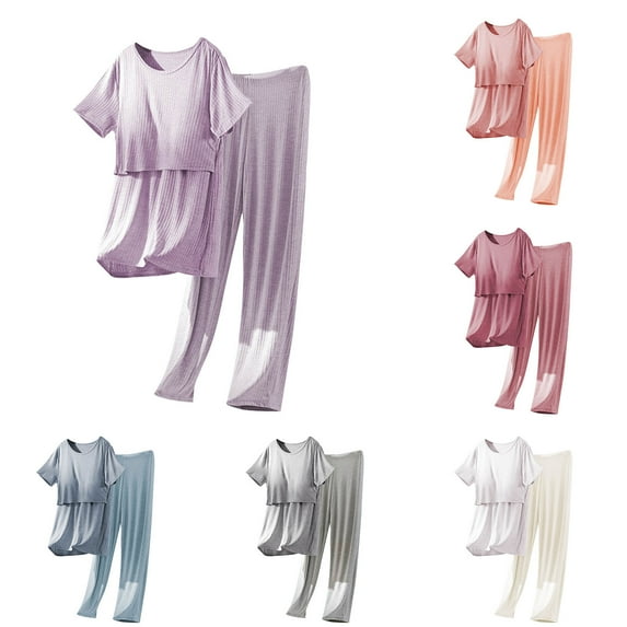 Bovxnpu Women Maternity Nursing Pajama Set, Womens Maternity Breastfeeding Pajamas Sleepwear Soft Postpartum Lounge Set Short Sleeve Shirt with Chest Pad and Pants Pregnancy Clothes