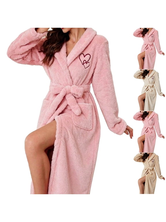 Women Midi Robe Nightgown Heart Embroidery Belted Pockets Loungewear