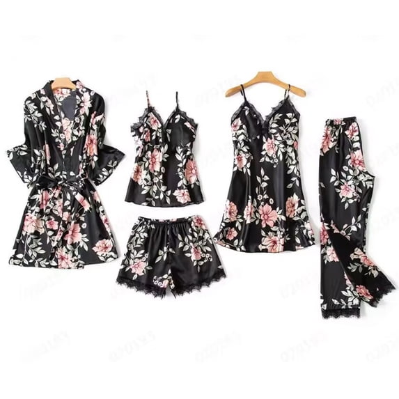 Bovxnpu Women Silk Lace Robe Dress Sleepwear Nightdress Pajamas Set 5-Piece Pajama & Robe Set Complete Lounge Wear for Home Comfortable Sleepwear