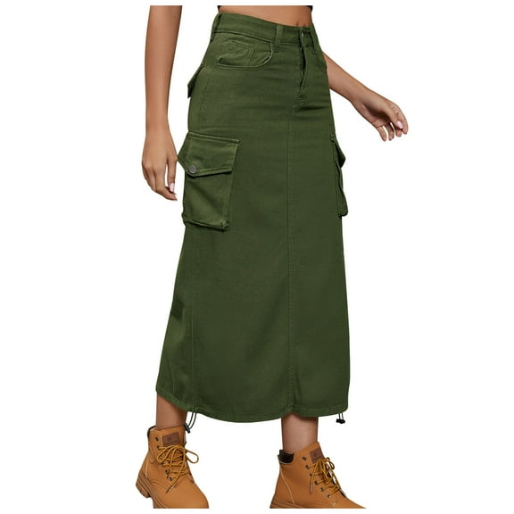 Bovxnpu Women Skirt Cargo Skirt for Women High Waist Casual A-Line Midi Jean Skirt Women's Cargo Midi Skirt Vintage Style Trendy Work Dress Skirt with Pockets Beach Vacation Summer Outfits