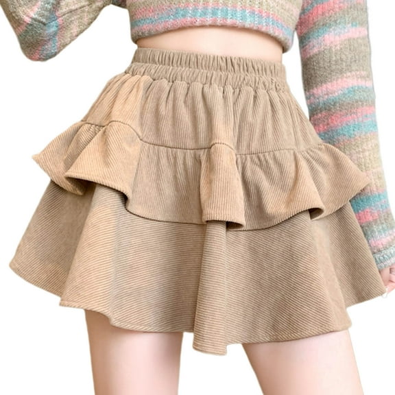 Bovxnpu Women Skirt Women's Mini Skirt Pleated Skater Skirt Basic Casual High Waisted Ruffles Flared Mini Skirts Fall And Summer Casual Corduroy Cake Skirt Beach Vacation Summer Outfits