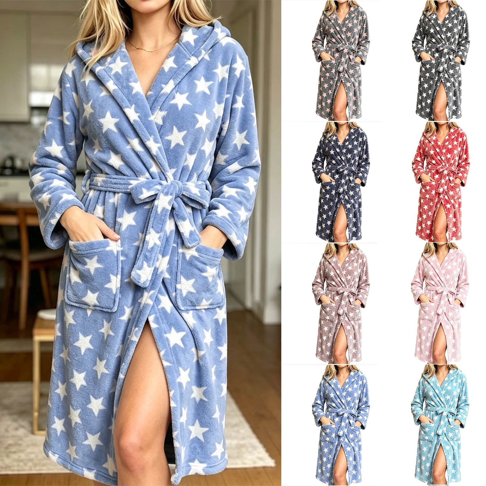 Bovxnpu Women Star Fleece Robe Long Sleeve Pockets Warm Bathrobe ...