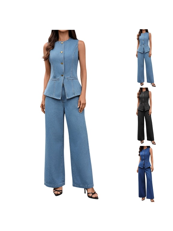 Women Summer 2 Piece Outfits Set Denim Pant Set Denim Slim Sleeveless Top with Pockets Pants Set Sleepwear