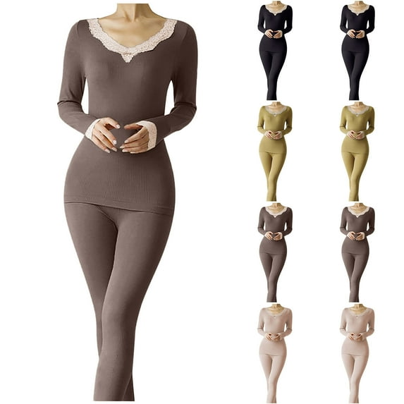 Bovxnpu Women Thermal Underwear Set, Womens Fleece Lined Thermal Base Layer Set Long Sleeve Shirt and Leggings for Cold Weather Lounge Set for Women