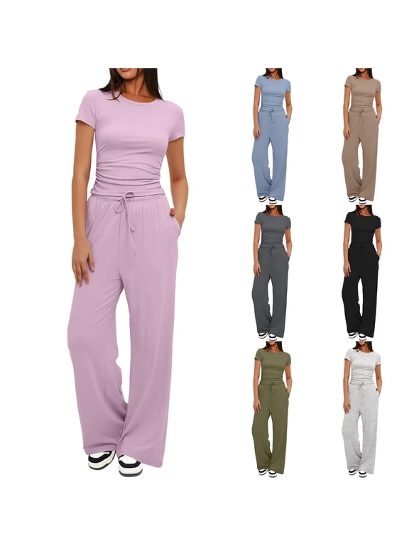 Women's 2 Piece Outfits Crew Neck Short Sleeve Loose Pocket Vacation Set