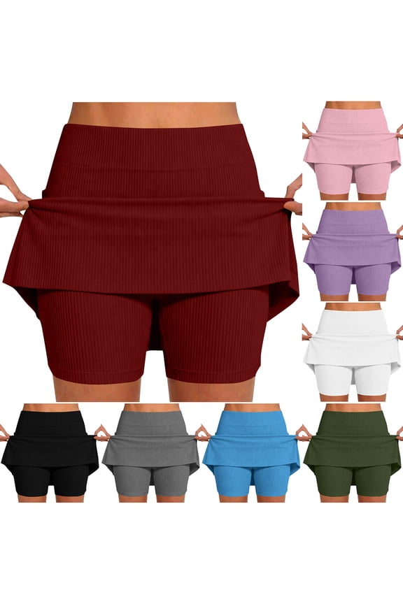 Women's Athletic Shorts Running Shorts Women Solid Ribbed Mid Waist Skort Pocket Base Layer Casual Shorts