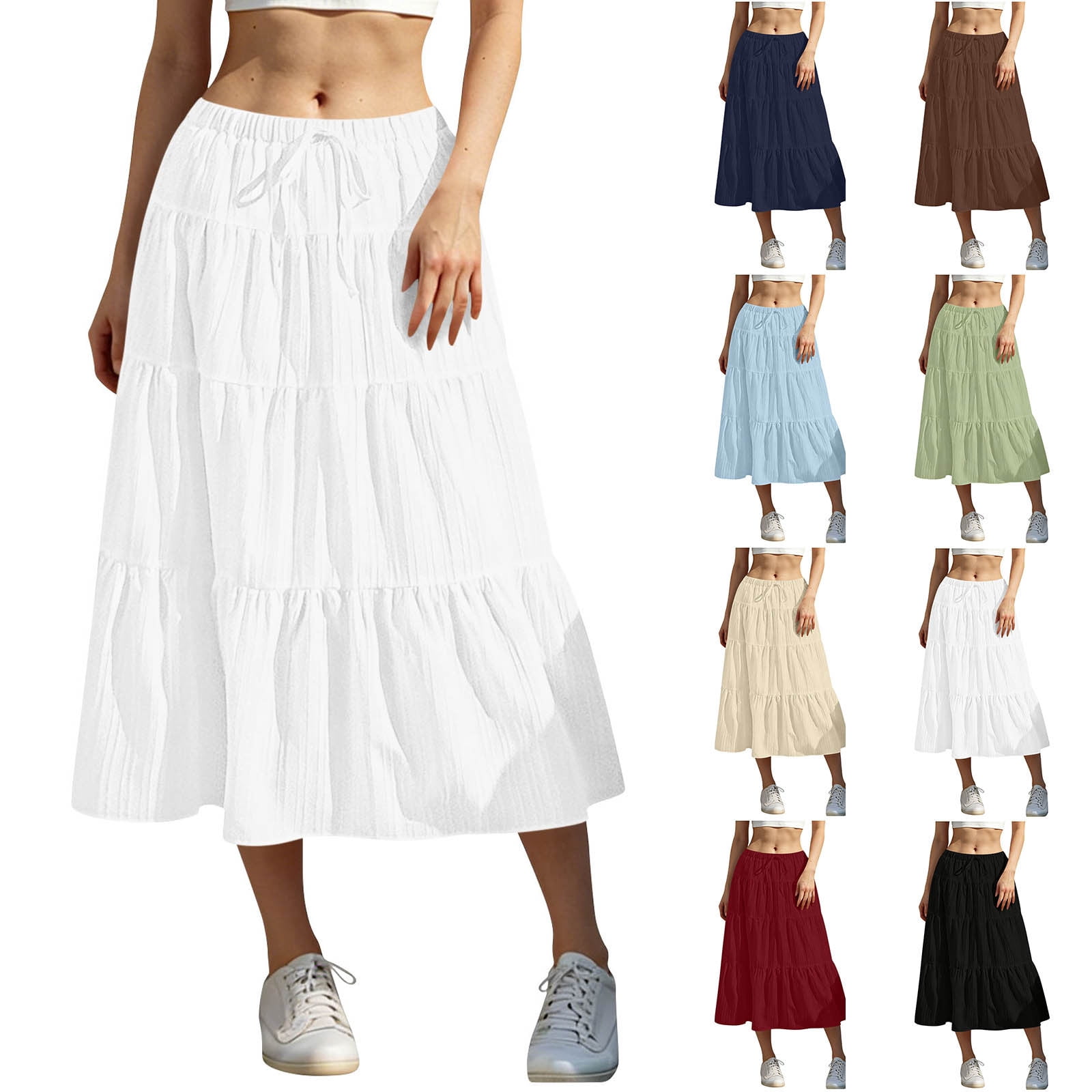 Bovxnpu Women's Boho Midi Skirt A-Line Flowy Skirts Summer Casual High ...