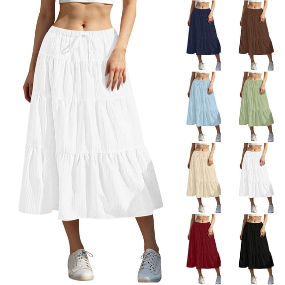 Bovxnpu Women's Boho Midi Skirt A-Line Flowy Skirts Summer Casual High Waisted Drawstring Ruffle Midi Skirts